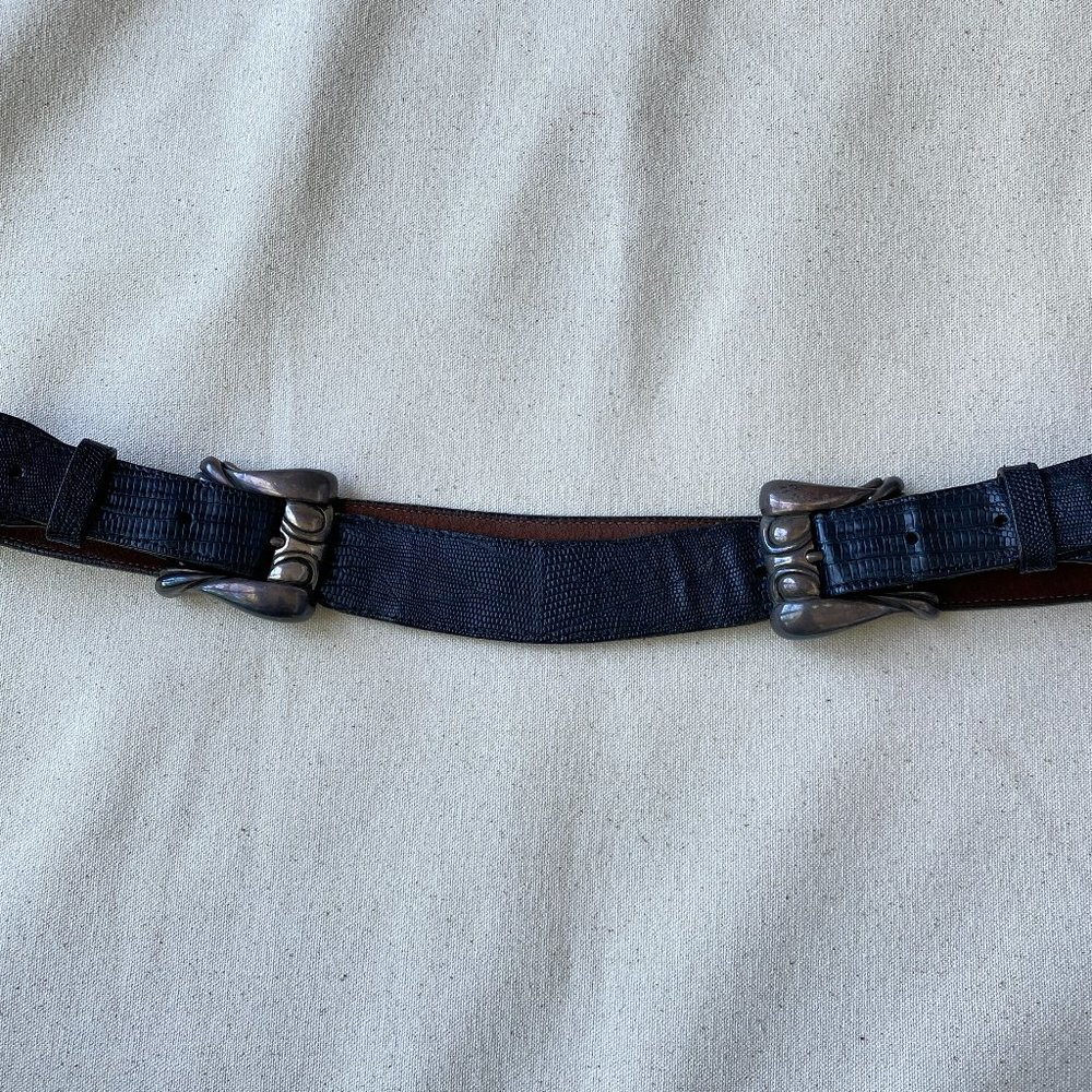 Kieselstein-Cord New York Vintage Black and Silver Snakeskin Belt, Double Buckle